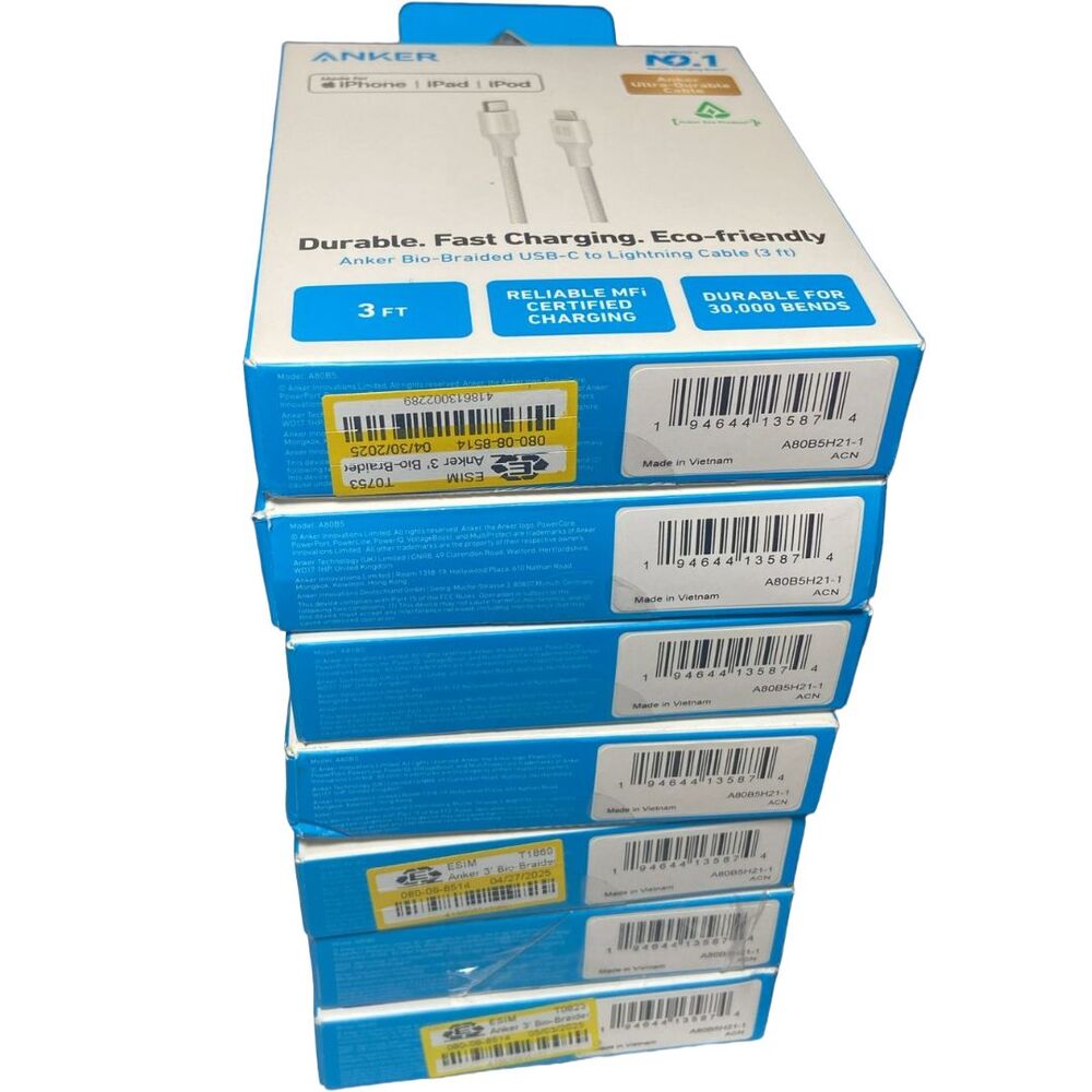 Anker Bio‑Braided 3ft Lightning to USB‑C Cable White MFi Certified Fast Lot of 7